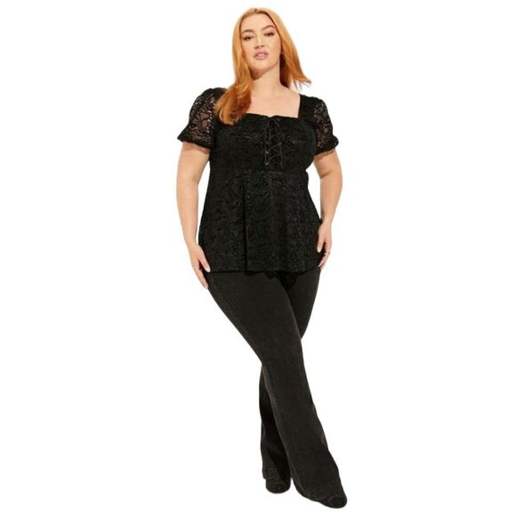 TORRID BLACK Babydoll Short Sleeve Chenille Lace SquareβNeck Blouse Plus Siz2X - Picture 3 of 16